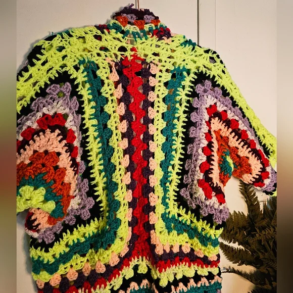 Handmade Crochet Maximalist Long Hex Square Granny Square Short Sleeve Cardigan - Picture 9 of 12